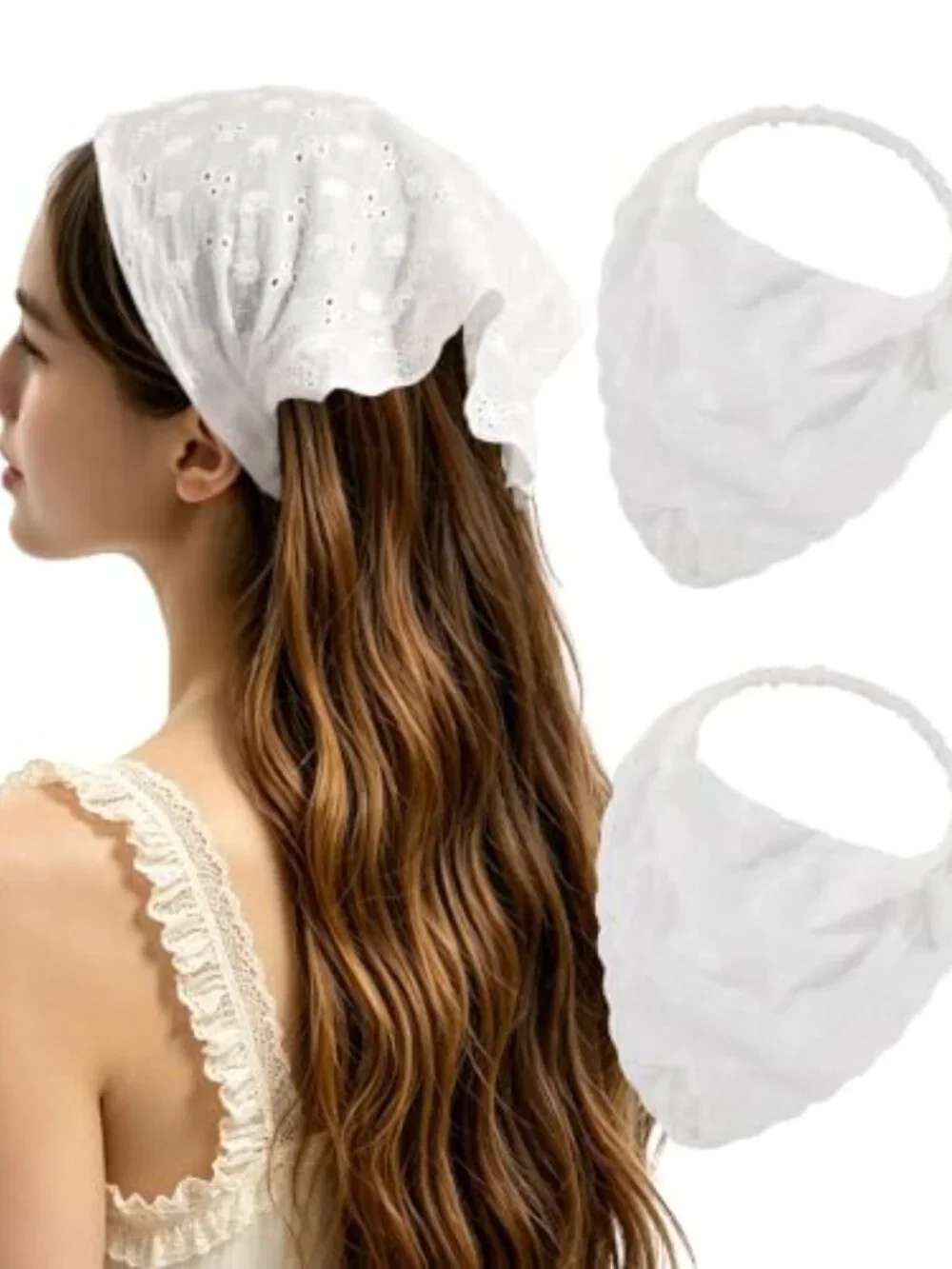 Lace Head Scarf for Women Cotton Elastic Wrap Headband Bandana 2PCS